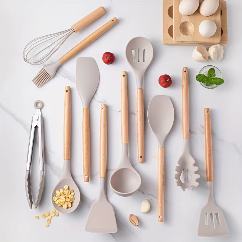 1 Set Kitchen Utensil Set, Silicone Cookware Set, 12Pcs Silicone Kitchen Utensil Set, Wooden Cooking Utensils, Kitchen Gadgets,