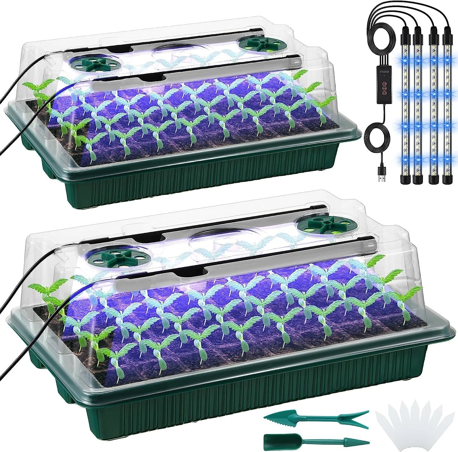2 Packs, Seed Starter Trays with High Dome Germination Kit - 80 Cells, 4 LED Grow Lights, Smart Timer & 3 Modes for Home Gardene