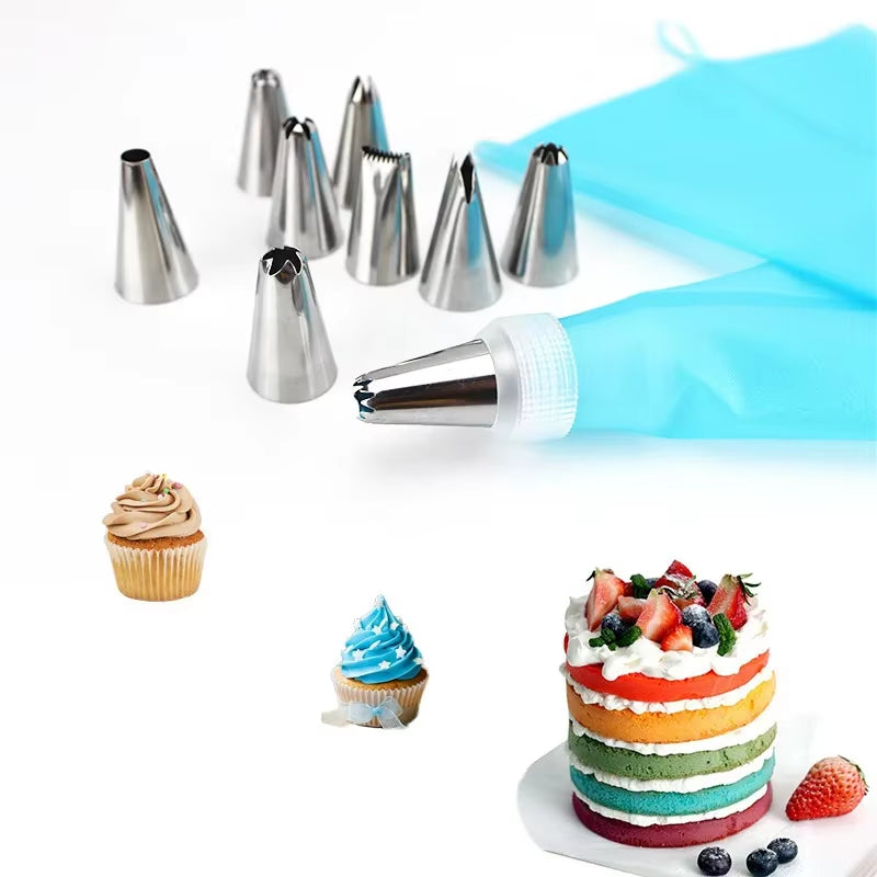 Silicone Piping Bags Tips Set Cake Diy Decorating Kit with Stainless Steel Nozzle Reusable Silicone Pastry Baking Kitchen Tool