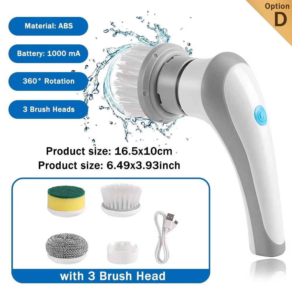 360 Degree Rotating Handheld Scrubber Brush 3 Replaceable Brush Heads Kitchen Accessories Multifunctional Electric Brush Cleaner