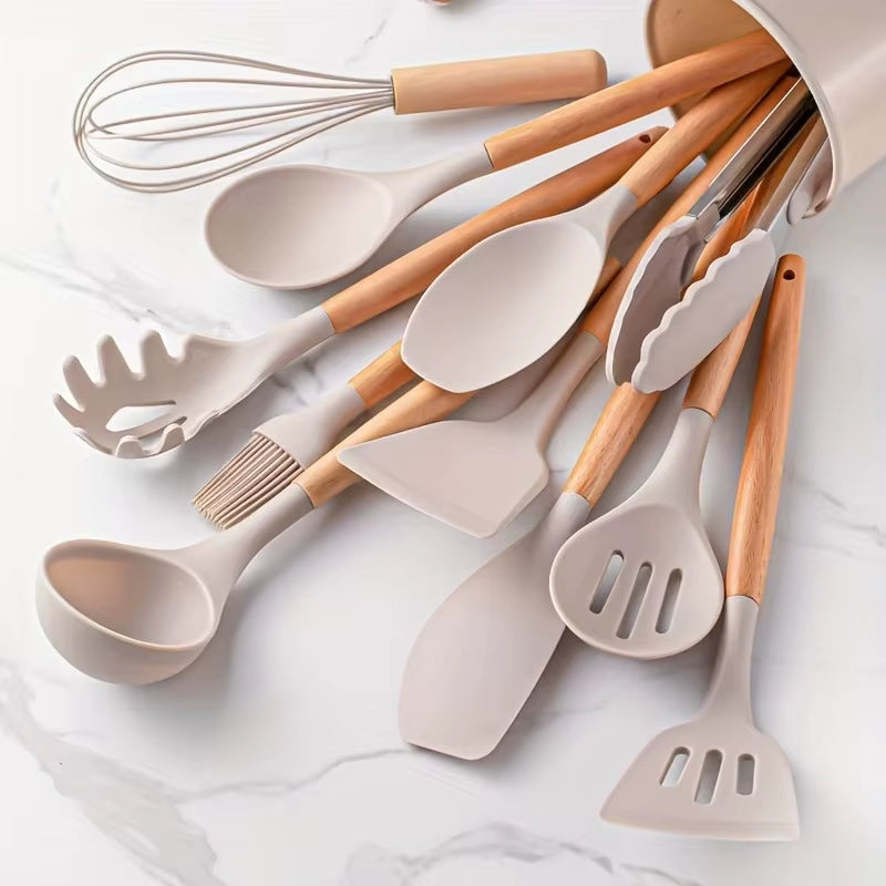 1 Set Kitchen Utensil Set, Silicone Cookware Set, 12Pcs Silicone Kitchen Utensil Set, Wooden Cooking Utensils, Kitchen Gadgets,