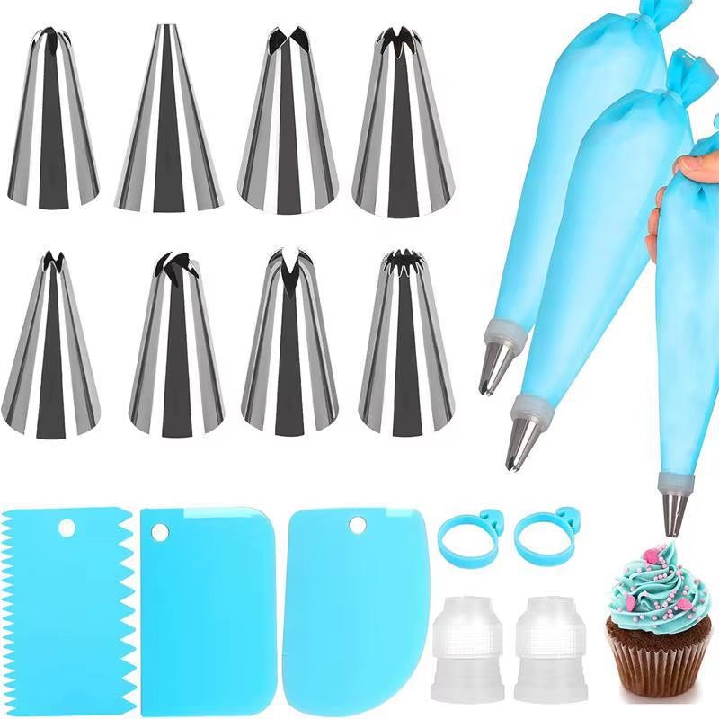 Silicone Piping Bags Tips Set Cake Diy Decorating Kit with Stainless Steel Nozzle Reusable Silicone Pastry Baking Kitchen Tool