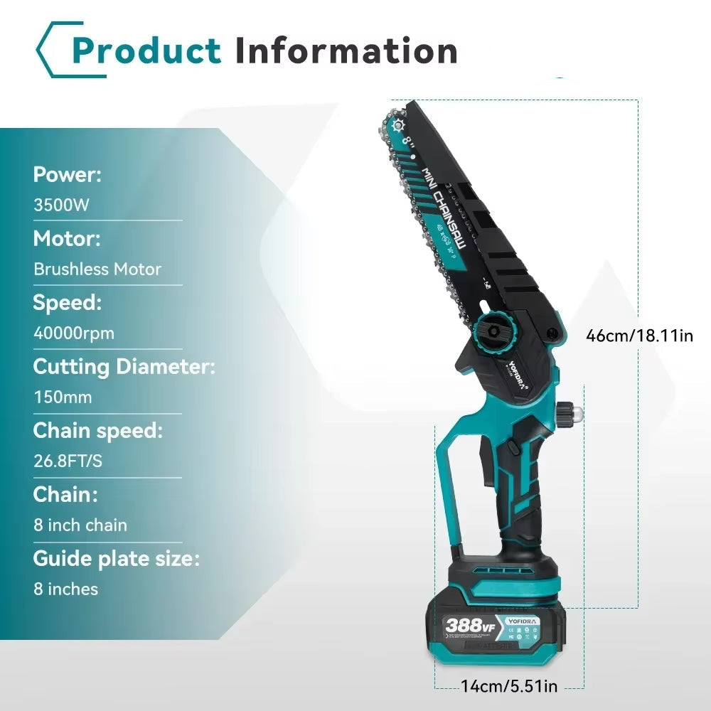 8 Inch Brushless Electric Chainsaw Cordless Efficient Rechargeable Garden Woodworking Cutting Power Tools for Makita 18V Battery
