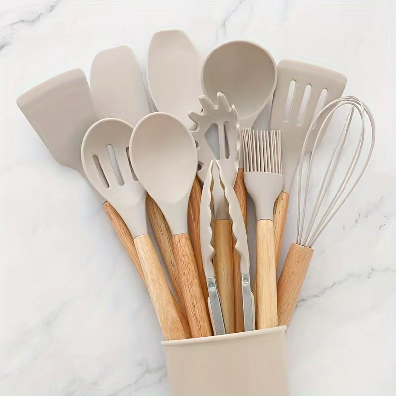 1 Set Kitchen Utensil Set, Silicone Cookware Set, 12Pcs Silicone Kitchen Utensil Set, Wooden Cooking Utensils, Kitchen Gadgets,
