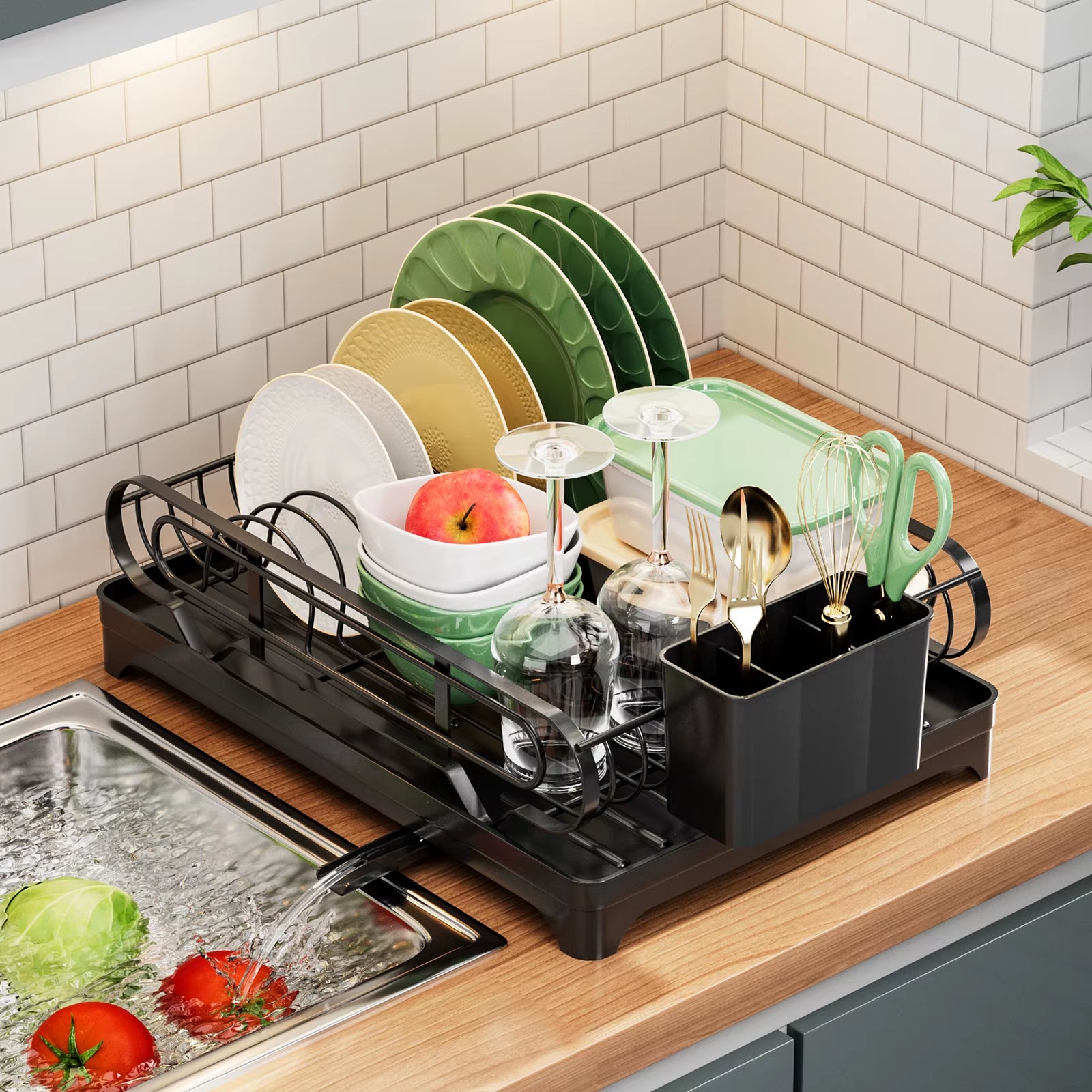 Dish Rack with Drainboard Dish Drainers for Kitchen Counter Sink Adiustable Spout in Sink Dish Strainers with Utensil Holder