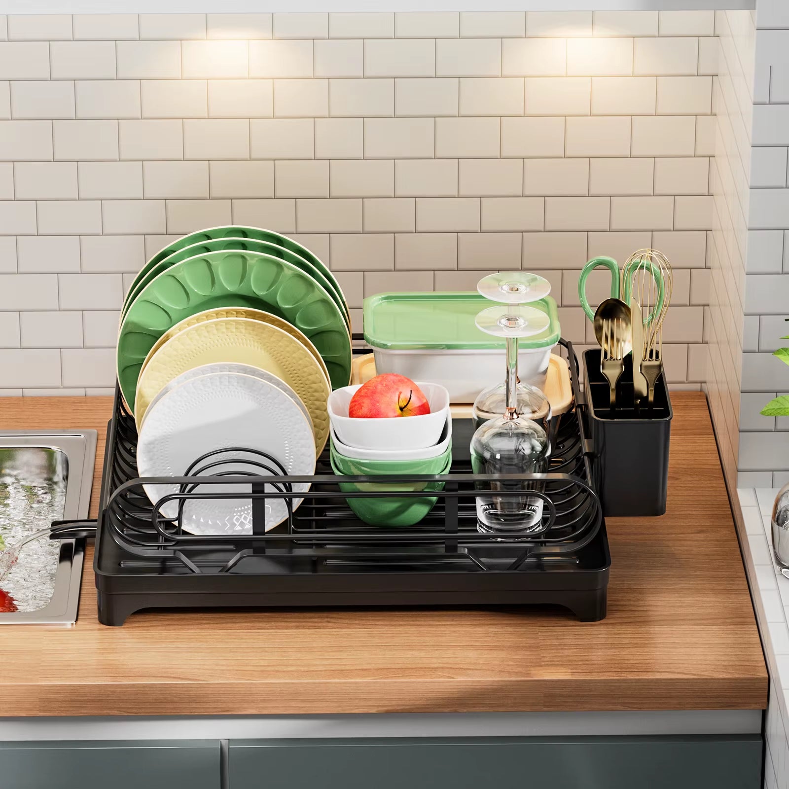 Dish Rack with Drainboard Dish Drainers for Kitchen Counter Sink Adiustable Spout in Sink Dish Strainers with Utensil Holder