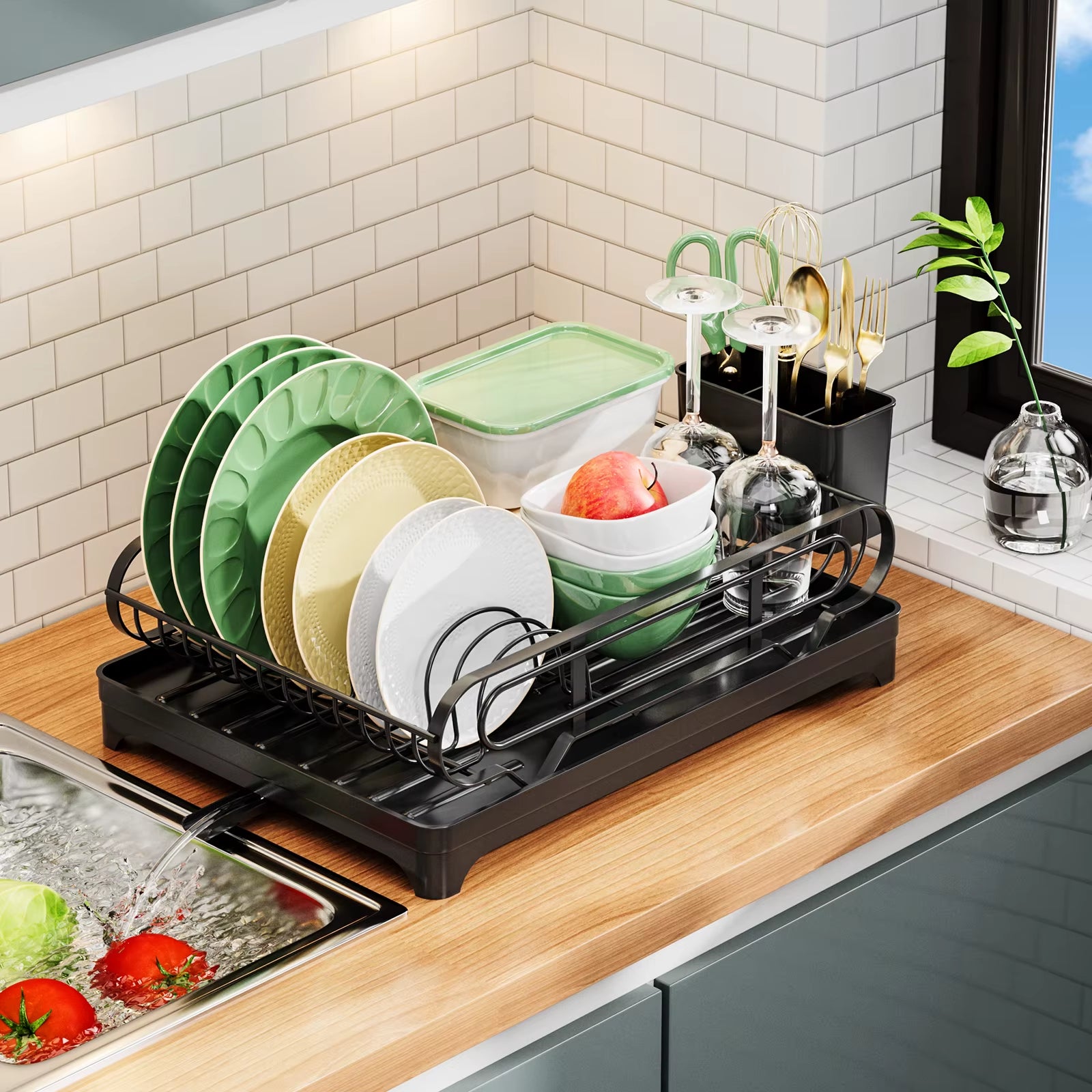 Dish Rack with Drainboard Dish Drainers for Kitchen Counter Sink Adiustable Spout in Sink Dish Strainers with Utensil Holder