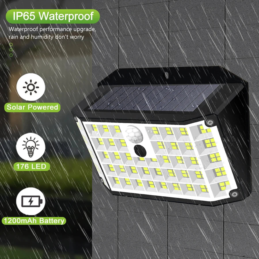 Solar Outdoor Lights 176 LED Solar Powered Motion Sensor Flood Lights IP65 Waterproof 3 Modes Wall Lamp for outside Porch Yard