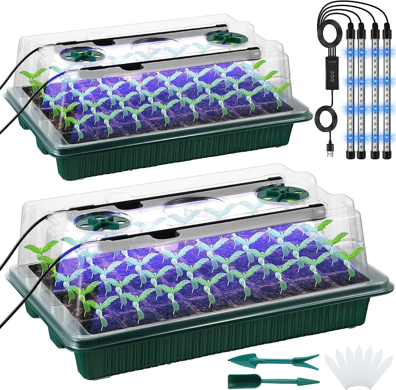 2 Packs, Seed Starter Trays with High Dome Germination Kit - 80 Cells, 4 LED Grow Lights, Smart Timer & 3 Modes for Home Gardene