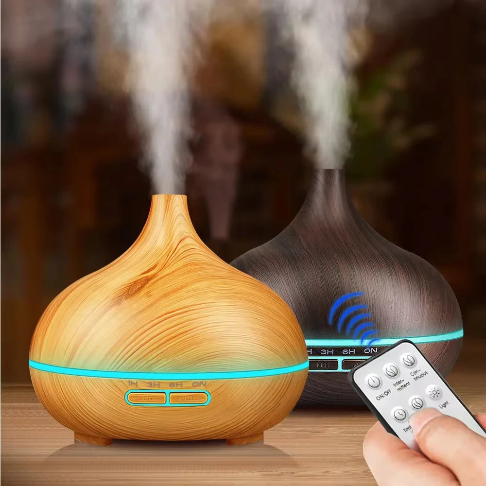 Air Humidifier Aromatherapy Essential Oil Diffuser Wood Grain 500Ml Ultrasonic Remote Control 7 Color Lights for Home Bedroom 