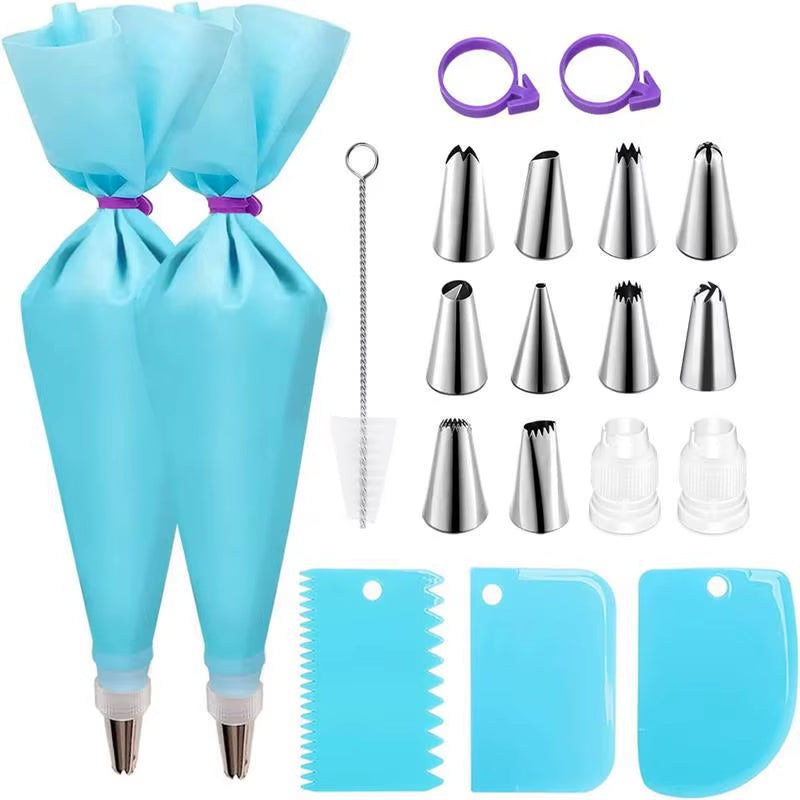Silicone Piping Bags Tips Set Cake Diy Decorating Kit with Stainless Steel Nozzle Reusable Silicone Pastry Baking Kitchen Tool