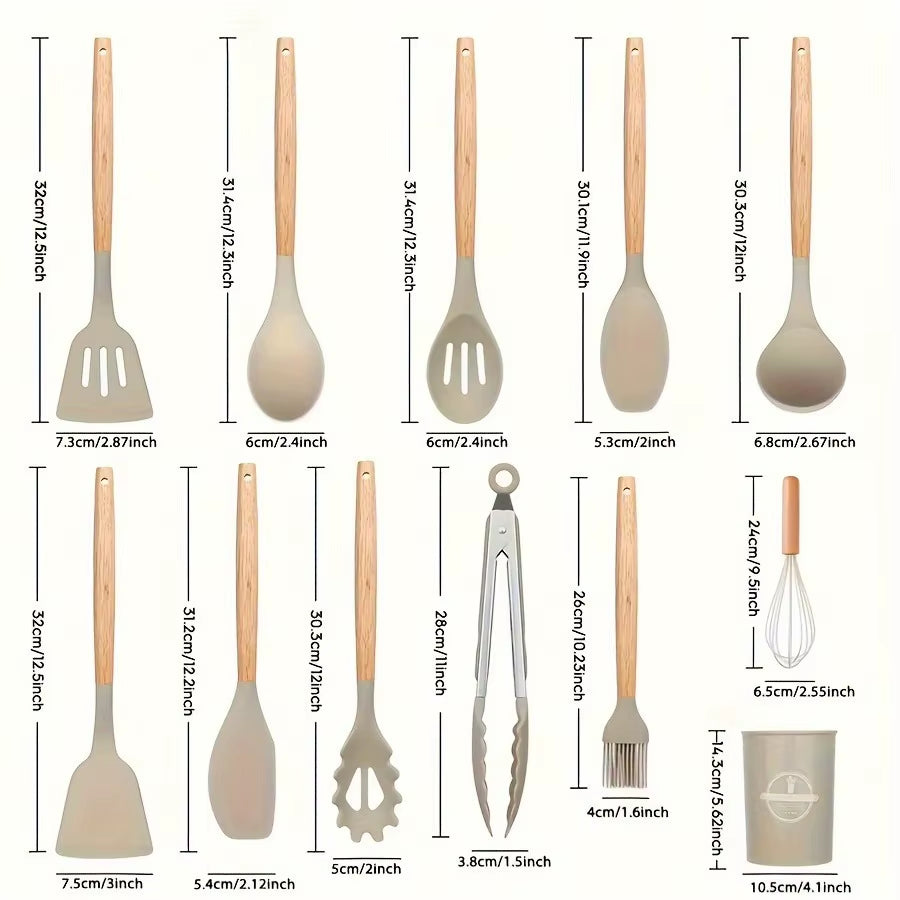 1 Set Kitchen Utensil Set, Silicone Cookware Set, 12Pcs Silicone Kitchen Utensil Set, Wooden Cooking Utensils, Kitchen Gadgets,