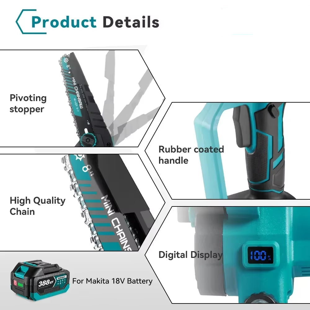 8 Inch Brushless Electric Chainsaw Cordless Efficient Rechargeable Garden Woodworking Cutting Power Tools for Makita 18V Battery
